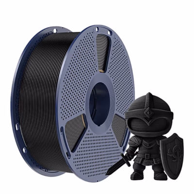 Must PLA+ filament perforeeritud rullil rüütli ja kilbiga kuju kõrval