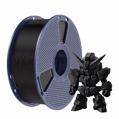 Must PLA-filament SUNLU PLA+ 2.0 rullil, kõrval must robotfiguur