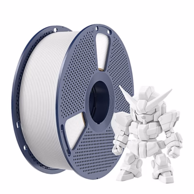 Valge SUNLU PLA+ 2.0 filament hallil rullil ja prinditud robotikuju
