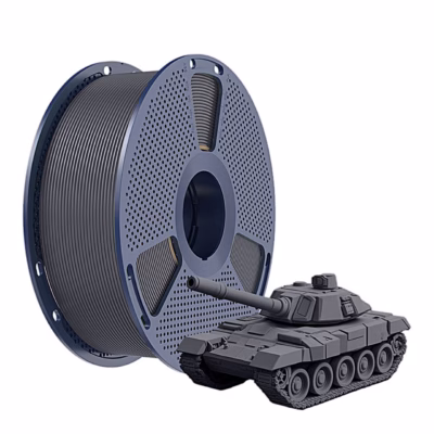 SUNLU PLA+ High-Speed halli filamendi rull ja hallist PLA-st prinditud tank