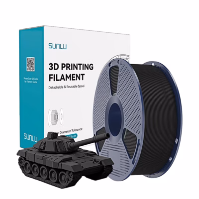 Must SUNLU PLA+ High-Speed filamendi rull, karp ja prinditud must tank