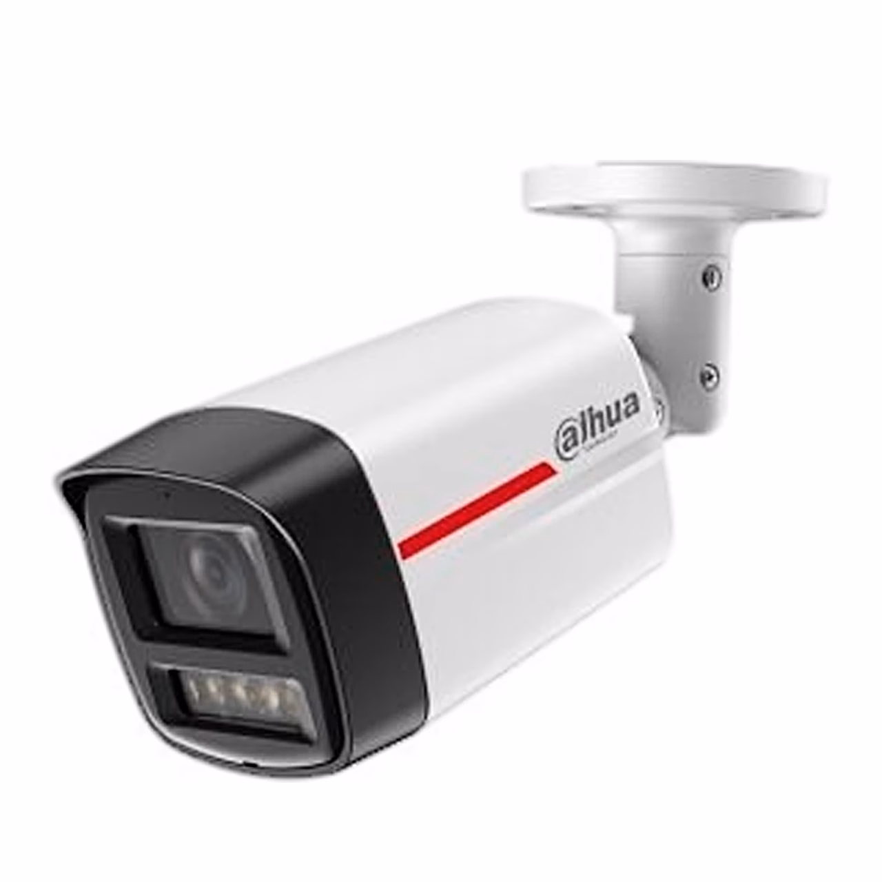 Valge Dahua IPC-HFW2849TL-S-LED-0280B-PRO torukaamera kinnitusjalaga eest ja küljelt