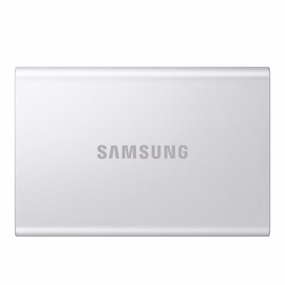 Hõbedane 1 TB väline SSD Samsung T7 Resurrected eestvaates Samsungi logoga