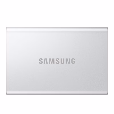 Hõbedane 2 TB väline SSD Samsung T7 Resurrected eestvaates Samsungi logoga