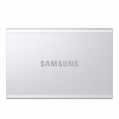 Hõbedane väline SSD Samsung T7 Resurrected eestvaates Samsungi logoga