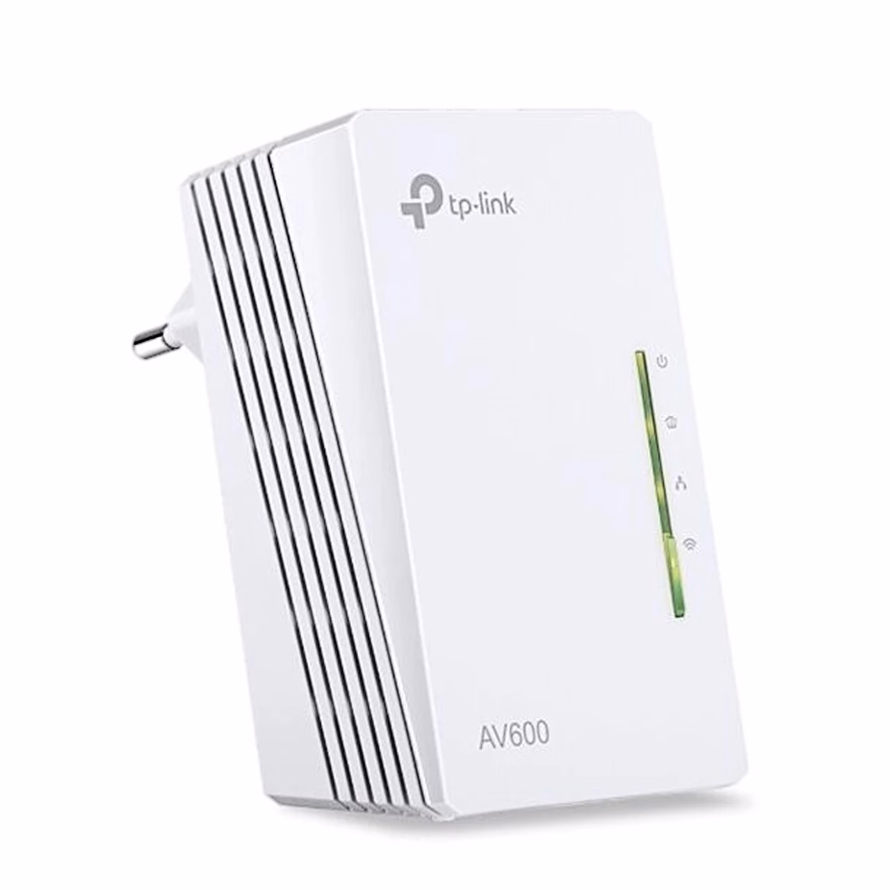 Valge Powerline-adapter TL-WPA4220 püstiasendis, roheline märgutulede riba