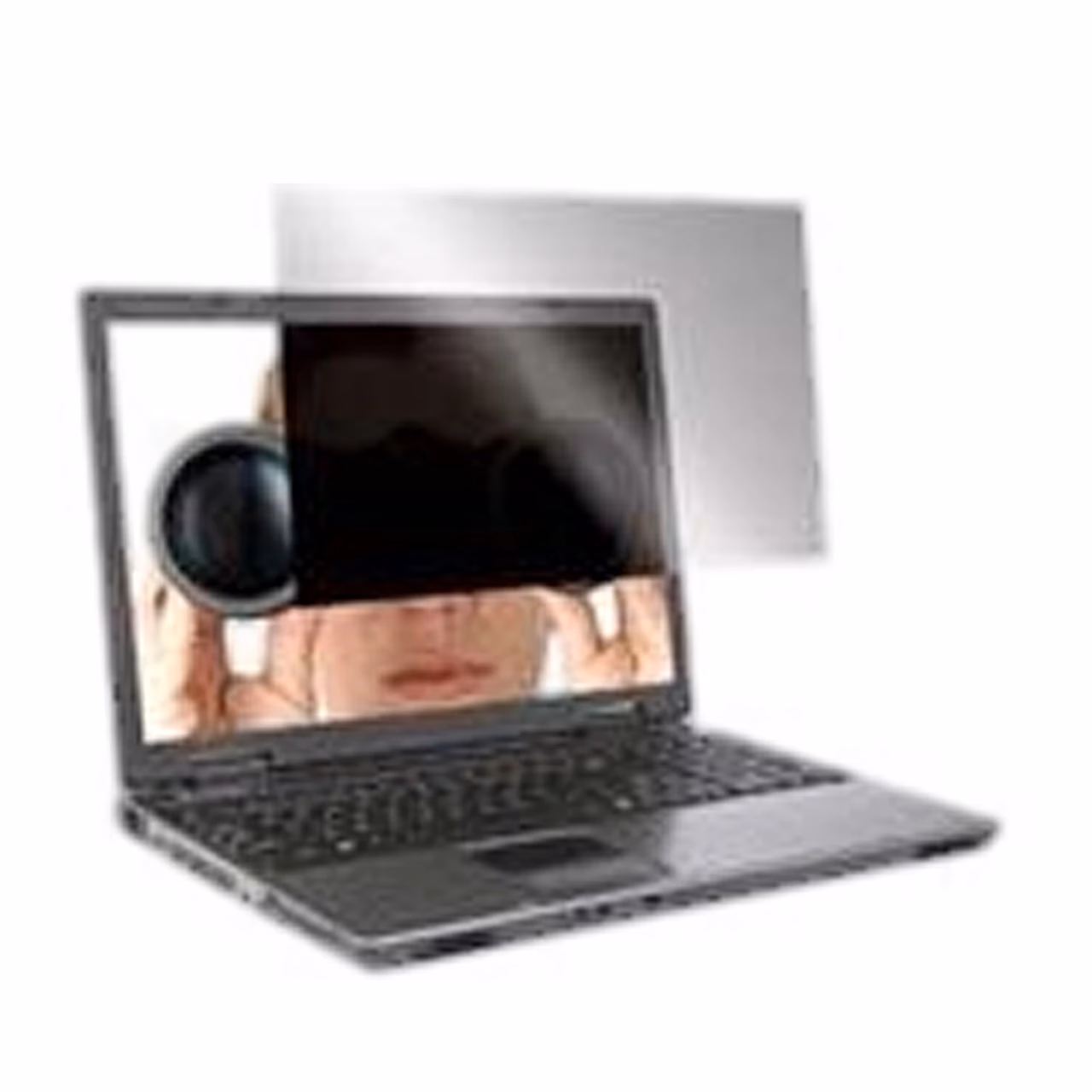 Targus privaatsusfilter sülearvuti ekraani ees, filtri taga tume pilt