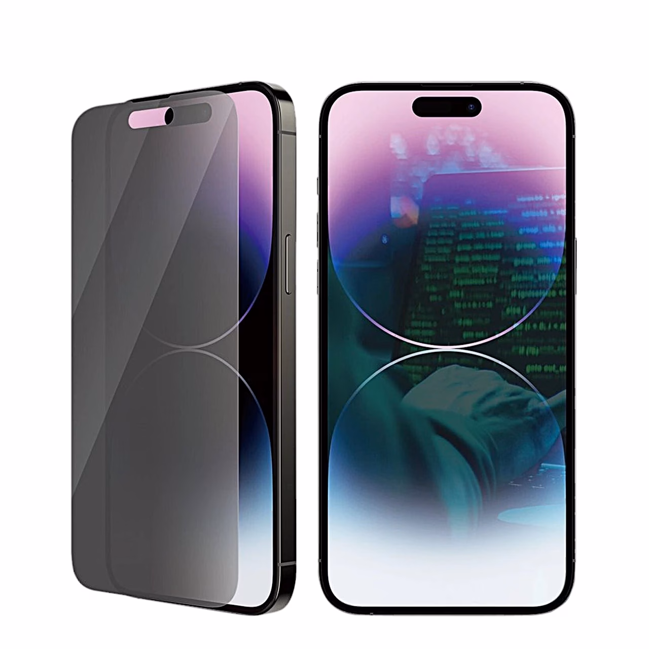 PanzerGlass Privacy klaas ja iPhone 14 Pro Max kõrvuti nurga alt