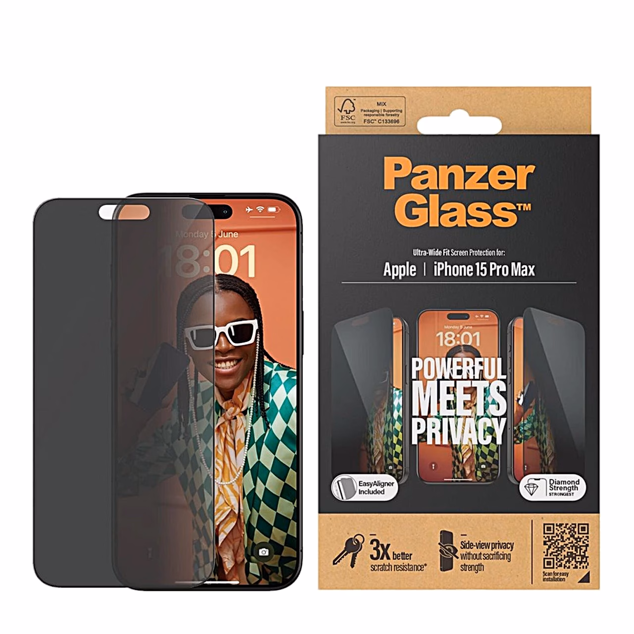 PanzerGlass privaatsusklaas iPhone 15 Pro Max kõrval koos pakendiga