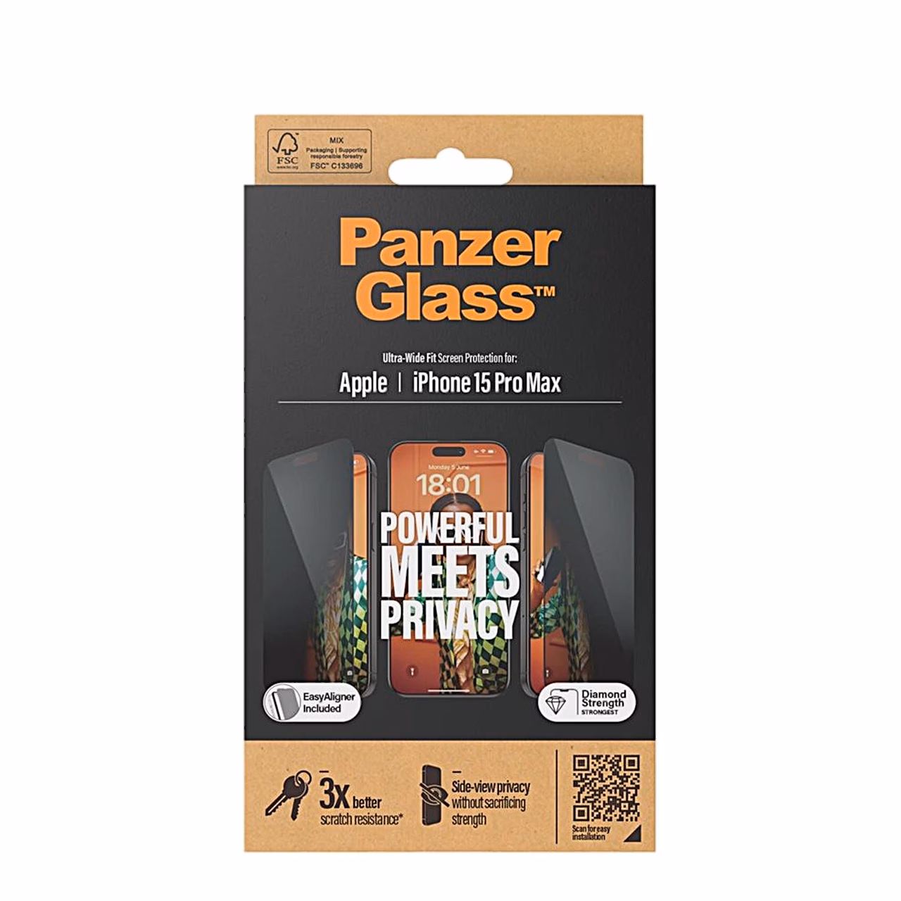 PanzerGlass privaatsusfiltriga kaitseklaasi pakend Apple iPhone 15 Pro Max jaoks