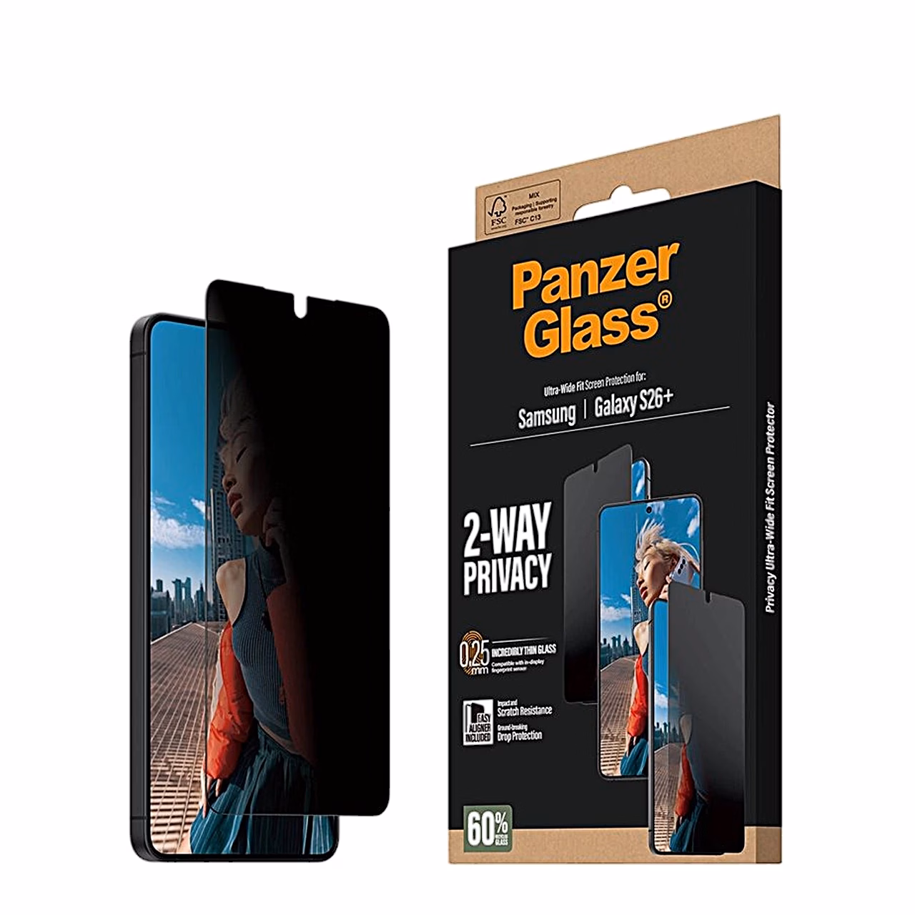 Galaxy S26+ privaatsusfiltriga klaasi ja PanzerGlass pakendiga külgvaates