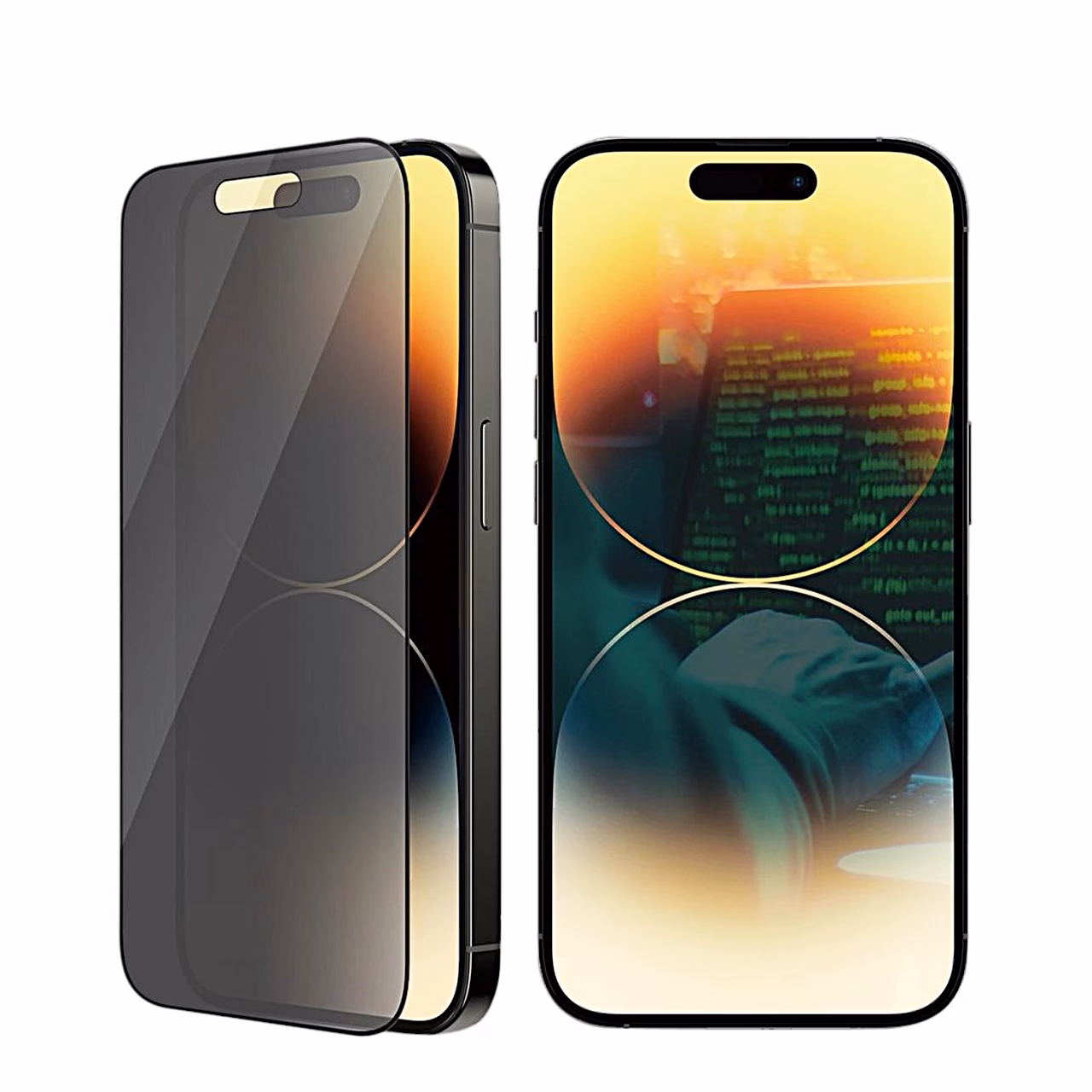 Kaldu vaade iPhone 14 Pro telefonile, privaatsusfilter tumendab külgvaate
