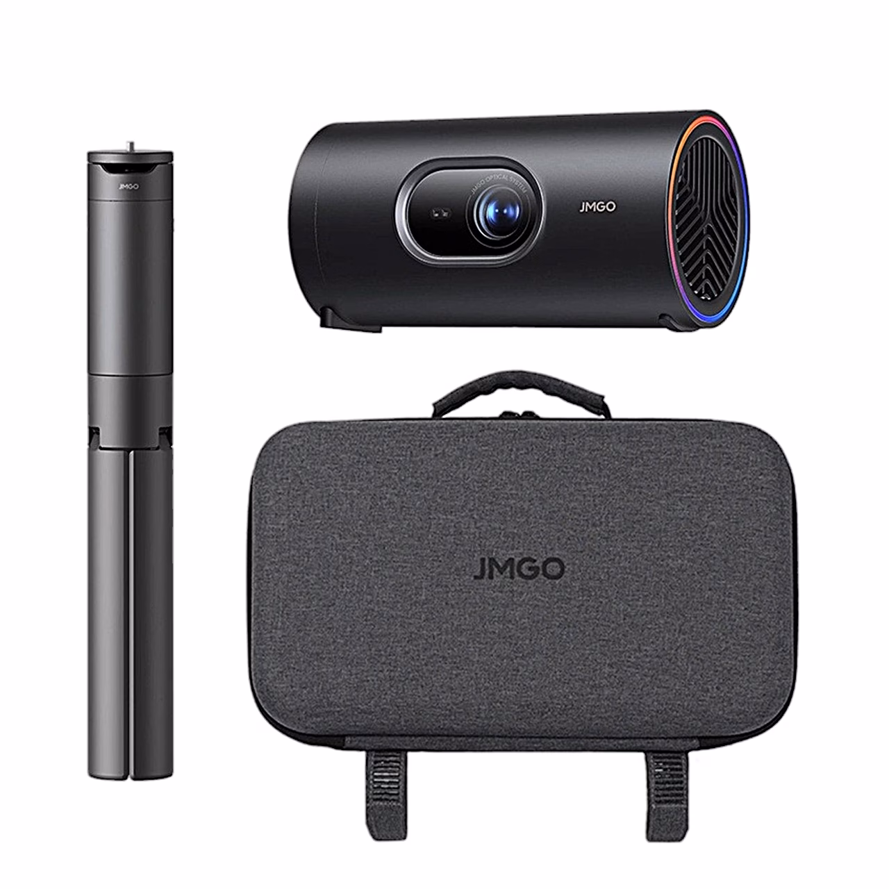 Projektor JMGO PicoPlay+ koos kokkupandud statiivi ja kandekotiga