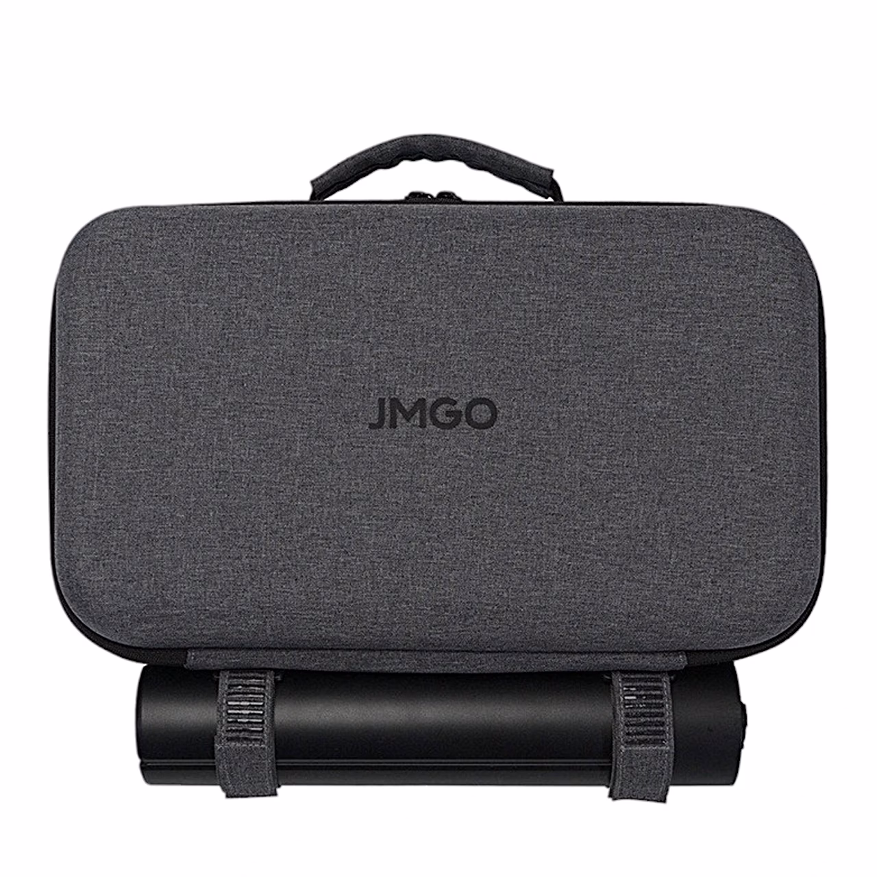 Projektori JMGO PicoPlay+ kandekott, mille alla on rihmadega kinnitatud statiiv
