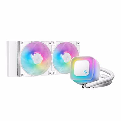 Valge DeepCool LE240 WH V2 vesijahutus helendavate ARGB-ventilaatorite ja pumbaplokiga