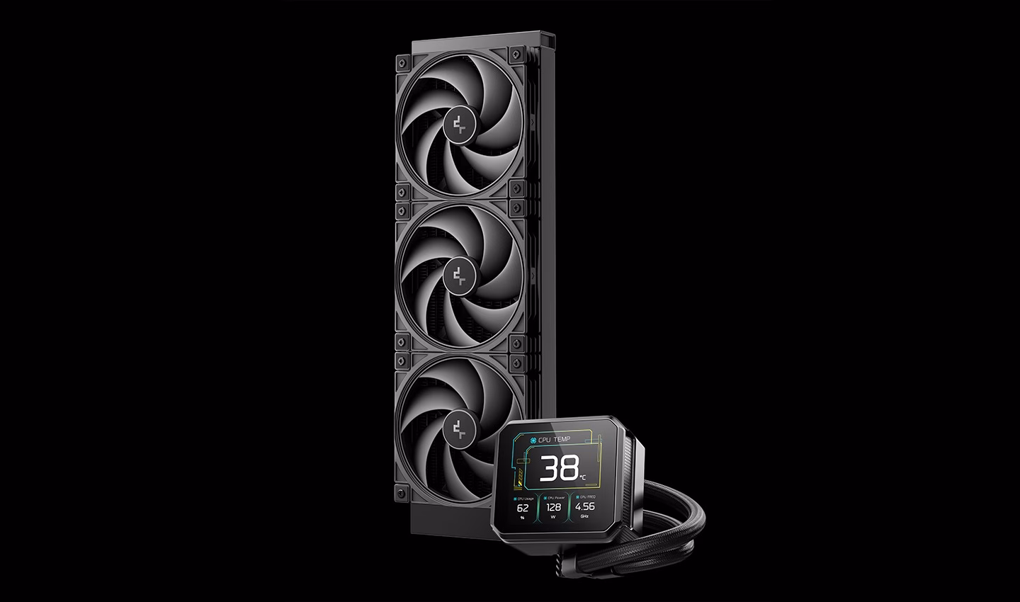 DeepCool SPARTACUS 360 püsti seisev radiaator ja pump tumedal taustal