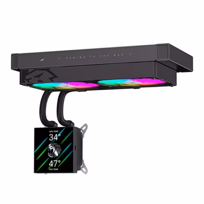 GAMEMAX GLACIER 240 LCD radiaator ülaltpoolt ja allarippuv ekraaniga pumbaplokk