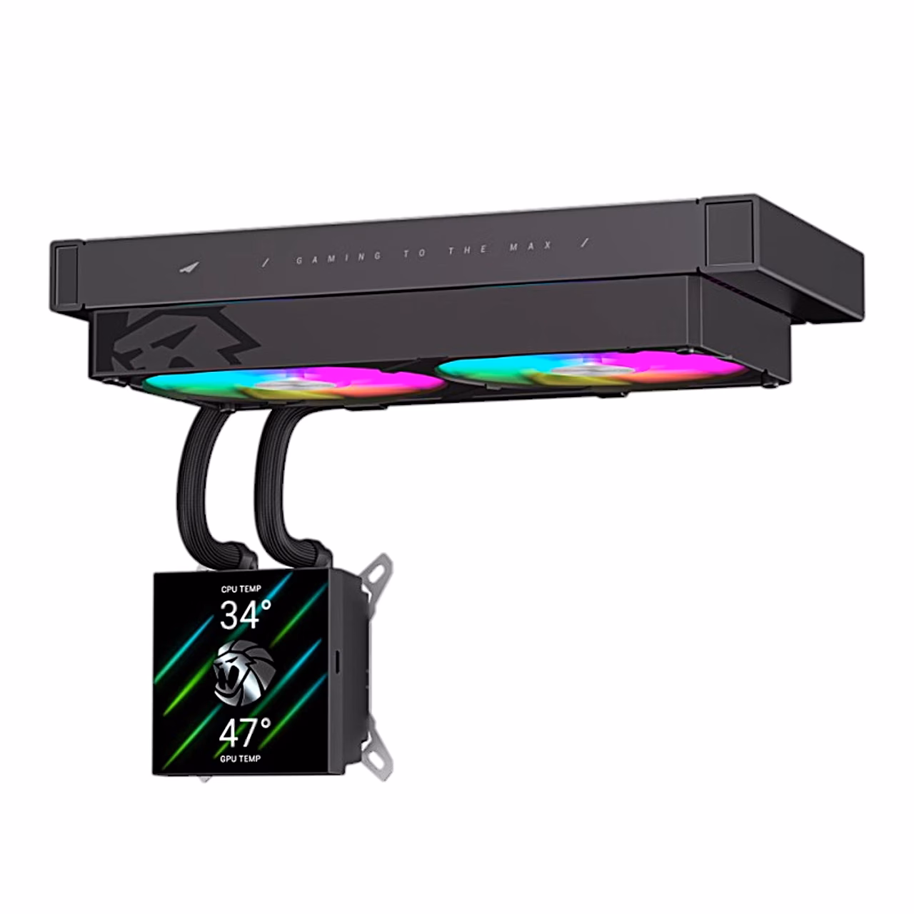 GAMEMAX GLACIER 240 LCD radiaator ülaltpoolt ja allarippuv ekraaniga pumbaplokk