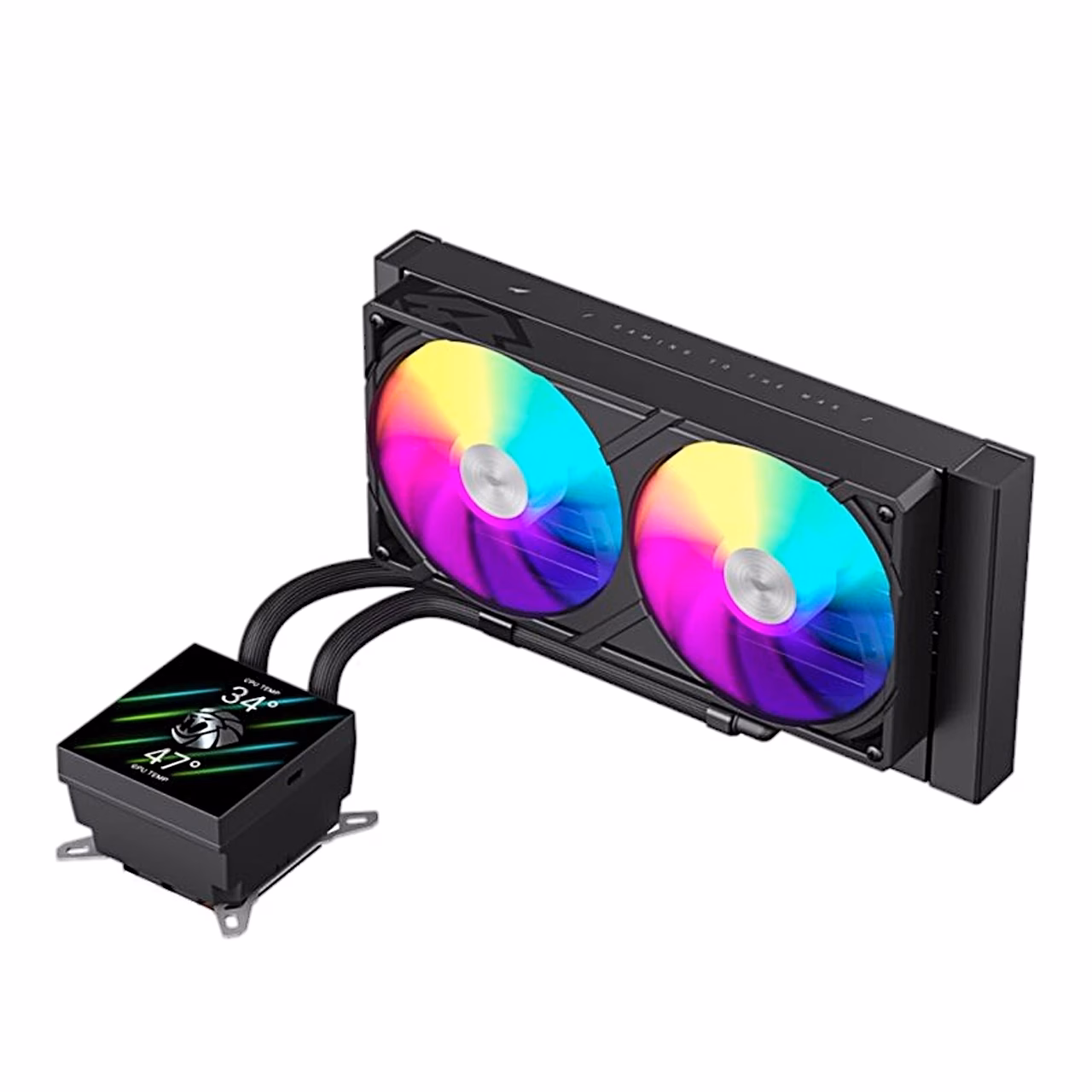 GAMEMAX GLACIER 240 LCD vesijahutus värviliste ARGB-ventilaatoritega, vaade vasakult eest