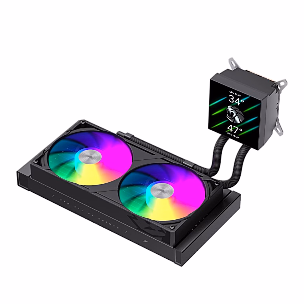 Pikali asetatud GAMEMAX GLACIER 240 LCD CPU vesijahuti valgustatud ventilaatoritega