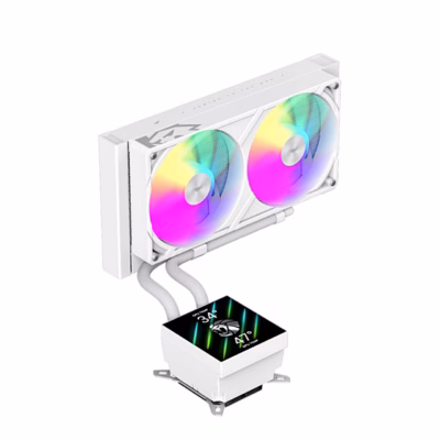 Valge protsessori vesijahutus Gamemax GLACIER 240 LCD WH ARGB-ventilaatorite ja pumbaplokiga