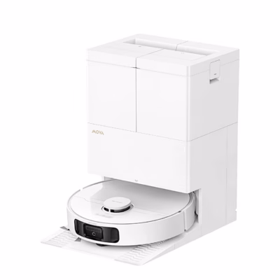 Robottolmuimeja MOVA E50 Pro Ultra valges puhastusjaamas, eestvaade nurga alt