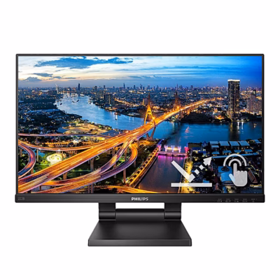 Puuteekraaniga arvutimonitor Philips 222B1TC eestvaates, ekraanil öine linnavaade