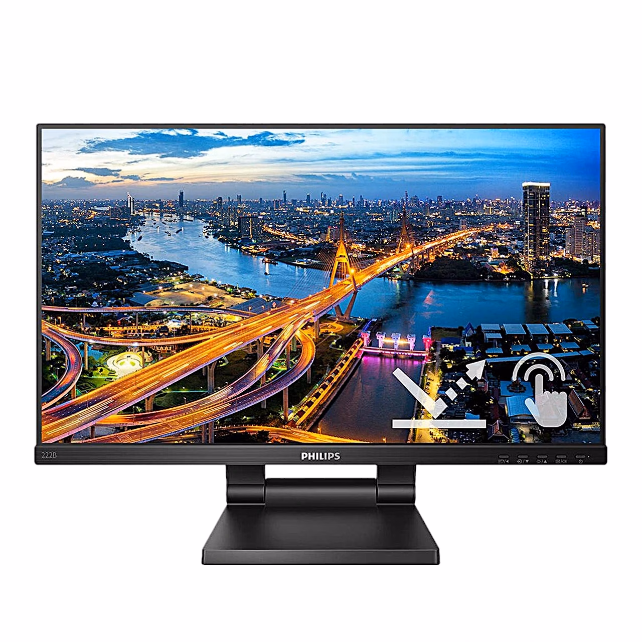 Puuteekraaniga arvutimonitor Philips 222B1TC eestvaates, ekraanil öine linnavaade
