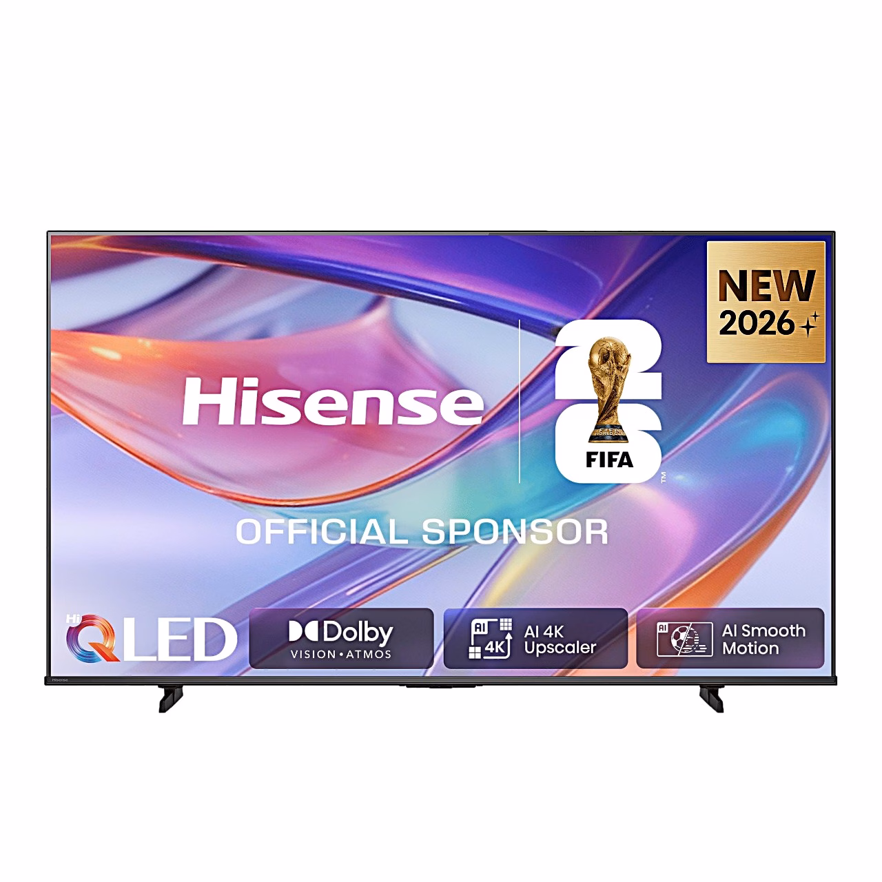Hisense 75E7S QLED-teler eestvaates mustal jalgadega alusel