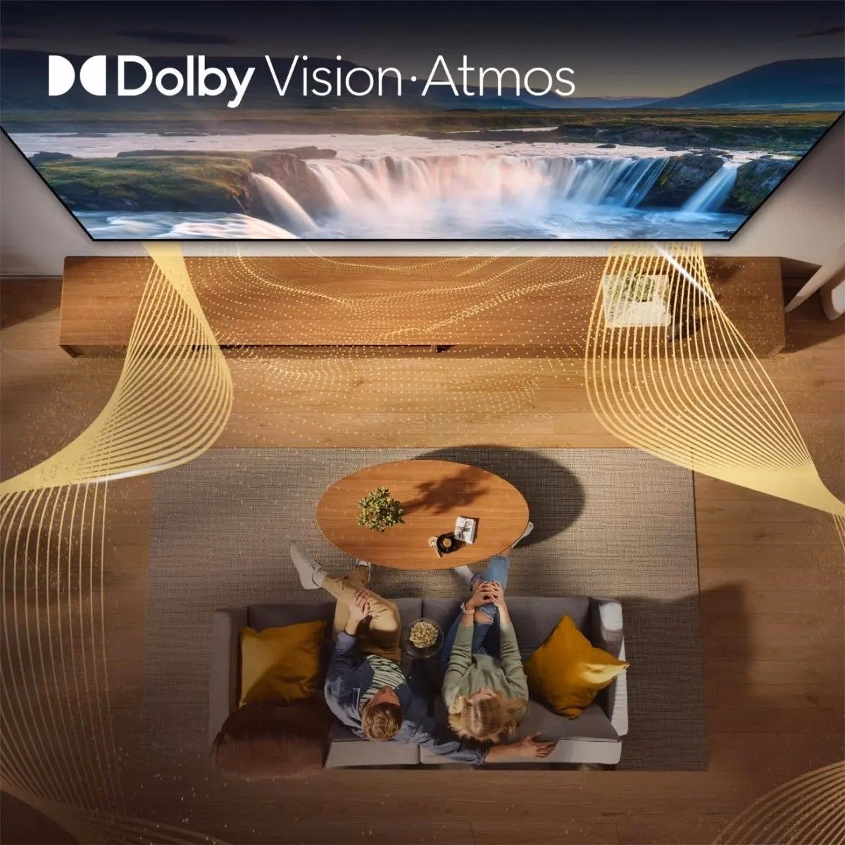 Dolby Vision ja Dolby Atmos tähistus Hisense 75E7S teleri elutoavaates