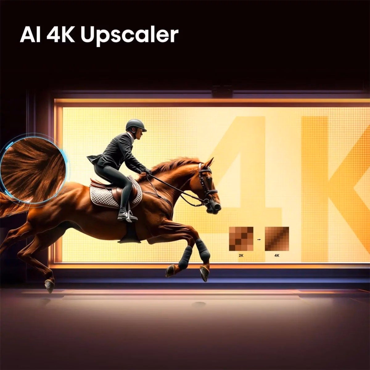 AI 4K Upscaler näide ratsanikuga Hisense teleri ekraanil