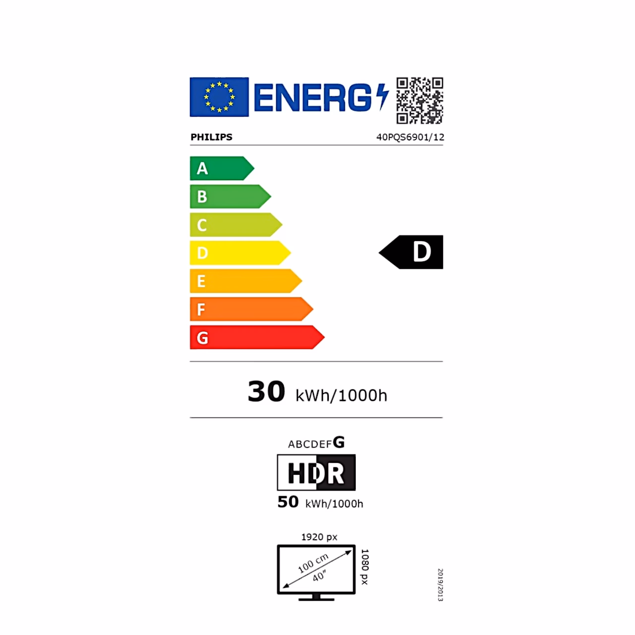 Philips 40PQS6901/12 energiamärgis, SDR-klass D skaalal A–G