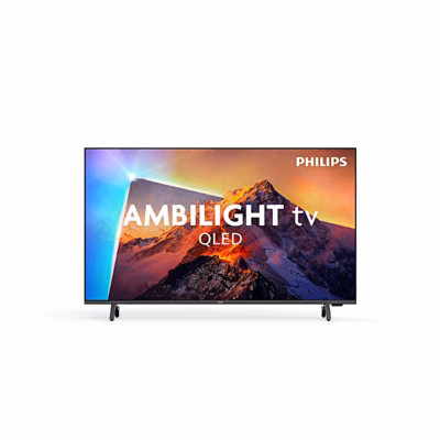QLED-teler Philips 50PQS8611/12 jalgadel, eestvaade sisselülitatud Ambilightiga