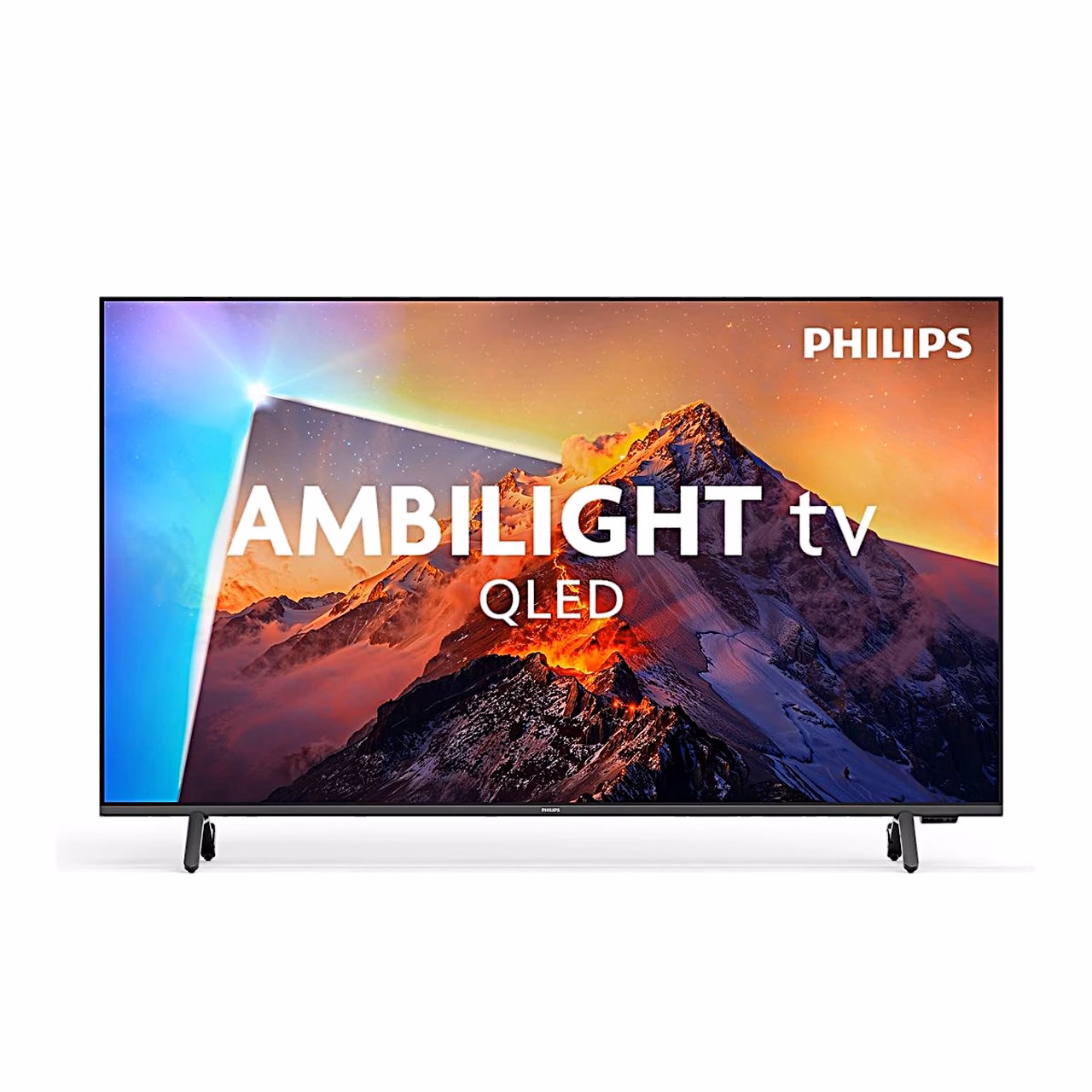 QLED-teler Philips 55PQS8611/12 eestvaates, ekraanil mäestik ja Ambilight TV kiri