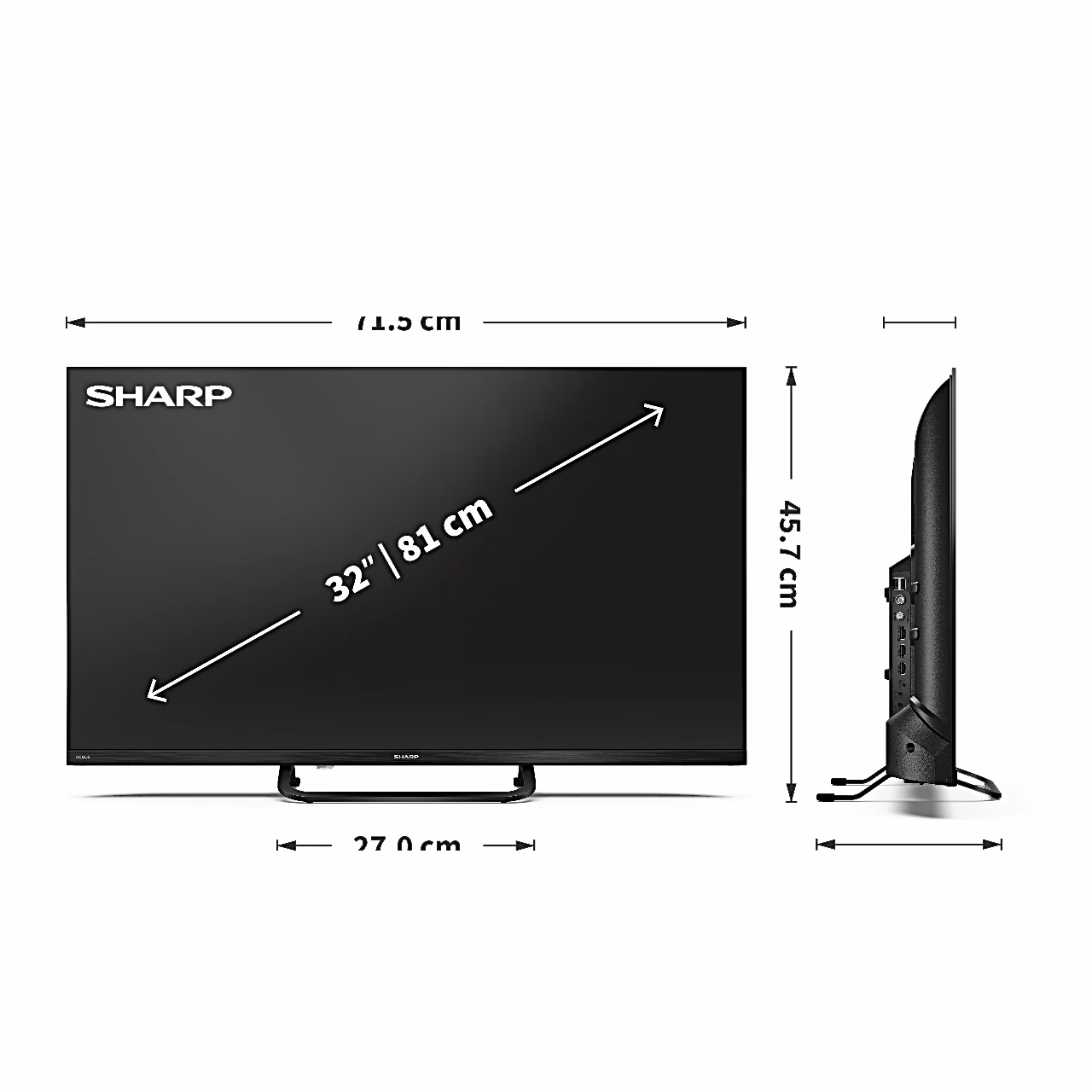 Sharp 32HF3865E teleri mõõdujoonis, laius 71,5 cm ja aluse laius 27 cm