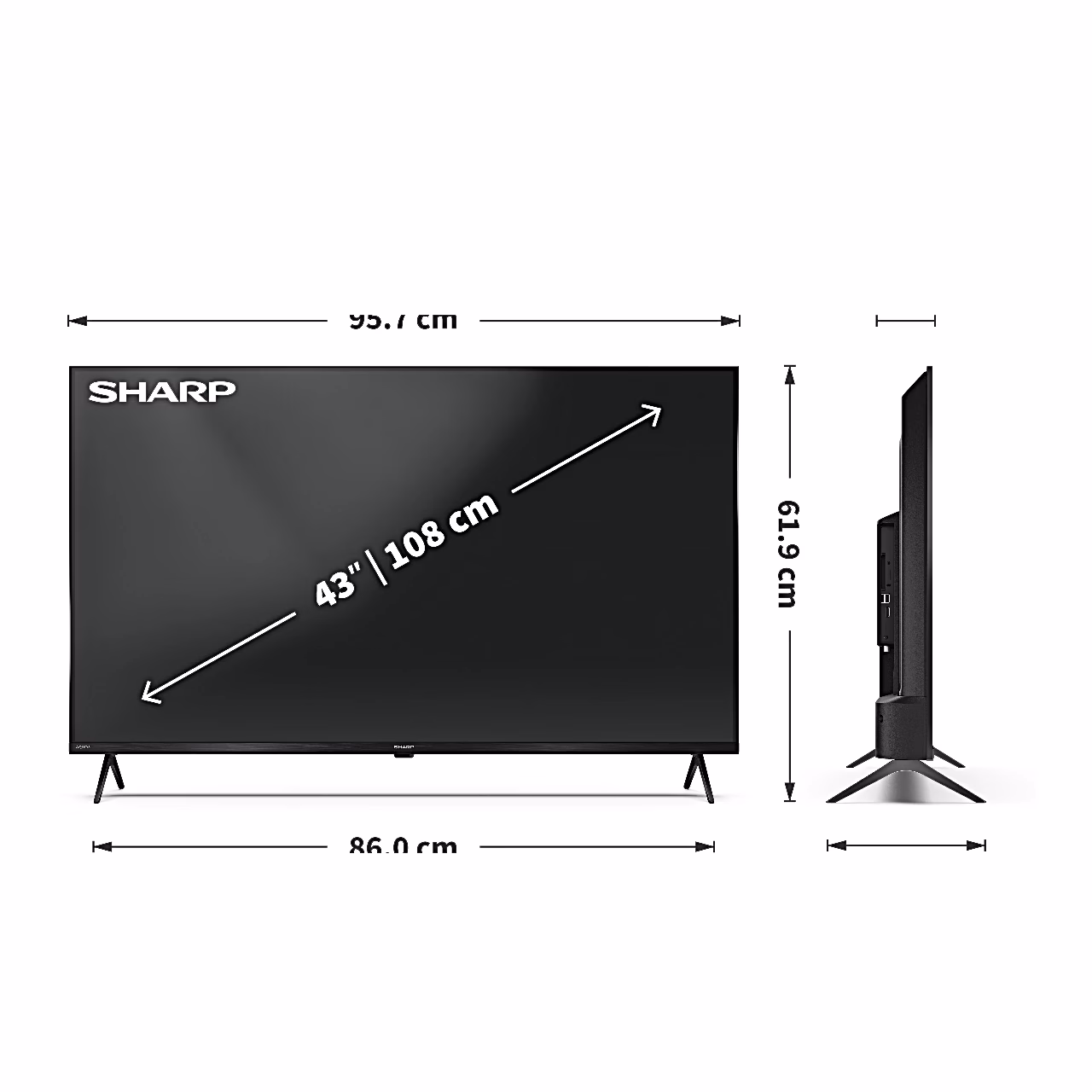 Sharp 43HP5265E teleri mõõdujoonis, laius 95,7 cm ja kõrgus alusega 61,9 cm