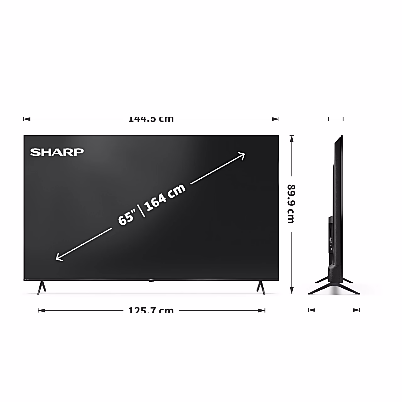 Sharp 65HP5265E QLED-teleri mõõtjoonis laiuse, kõrguse ja jalgade vahega
