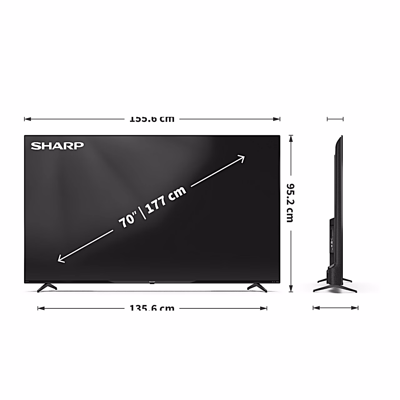 Sharp 70HP5265E teleri mõõtjoonis laiuse, kõrguse ja sügavusega