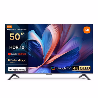 4K teler Xiaomi TV A Pro 2026 eestvaates, ekraanil funktsioonide logod
