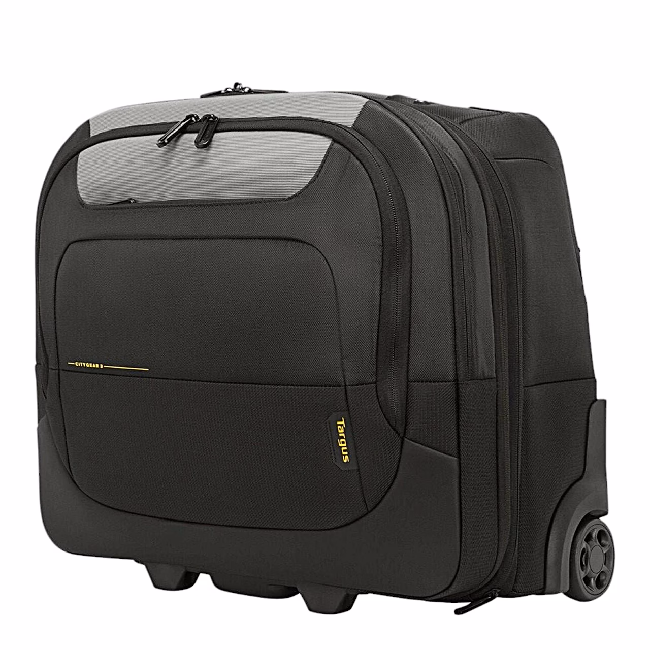 Targus CityGear sülearvutikoti esipaneel ja ratas lähivaates