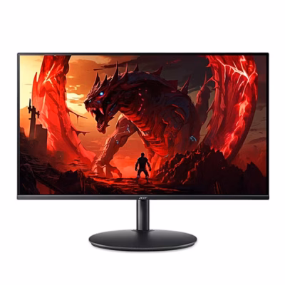 Arvutimonitor Acer Nitro XF240Y eestvaates ümmargusel jalal, ekraanil draakoni graafika