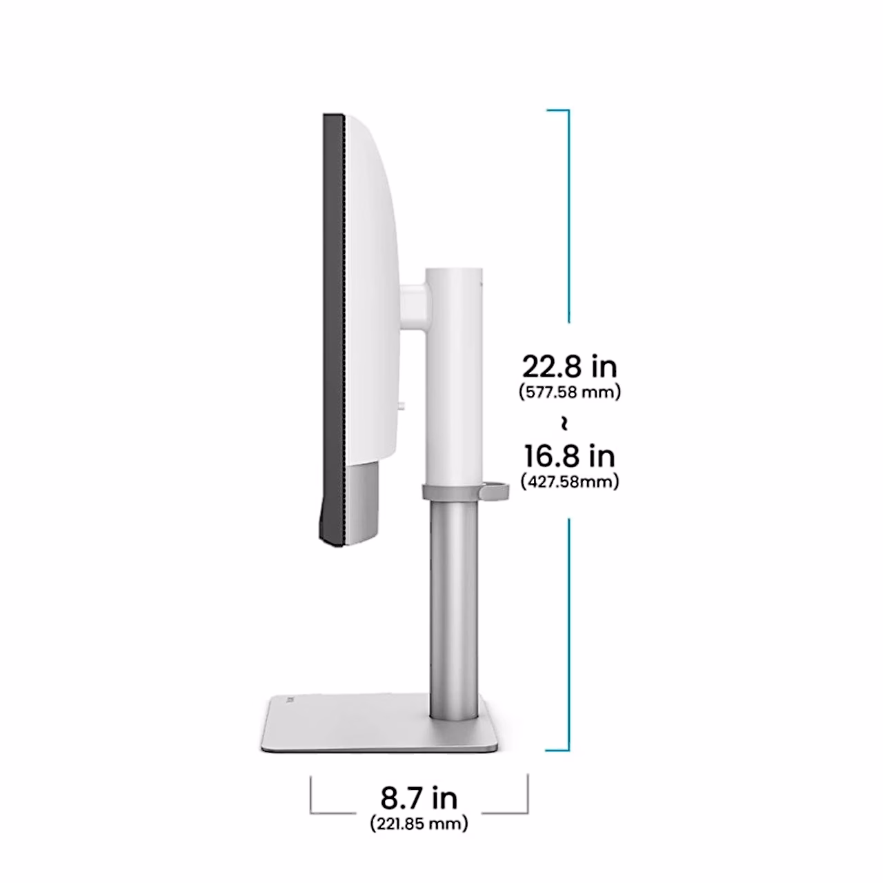 Mõõtjoonis: BenQ PD2730S kõrgus alusel 427,58–577,58 mm, aluse sügavus 220,85 mm