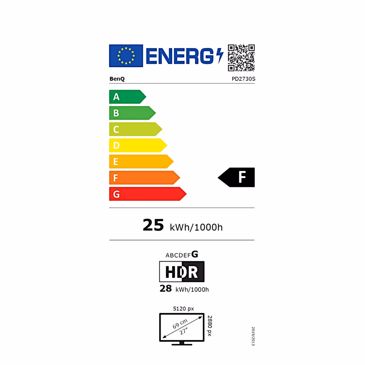 Energiamärgis: klass F (skaala A–G), HDR klass G, BenQ PD2730S