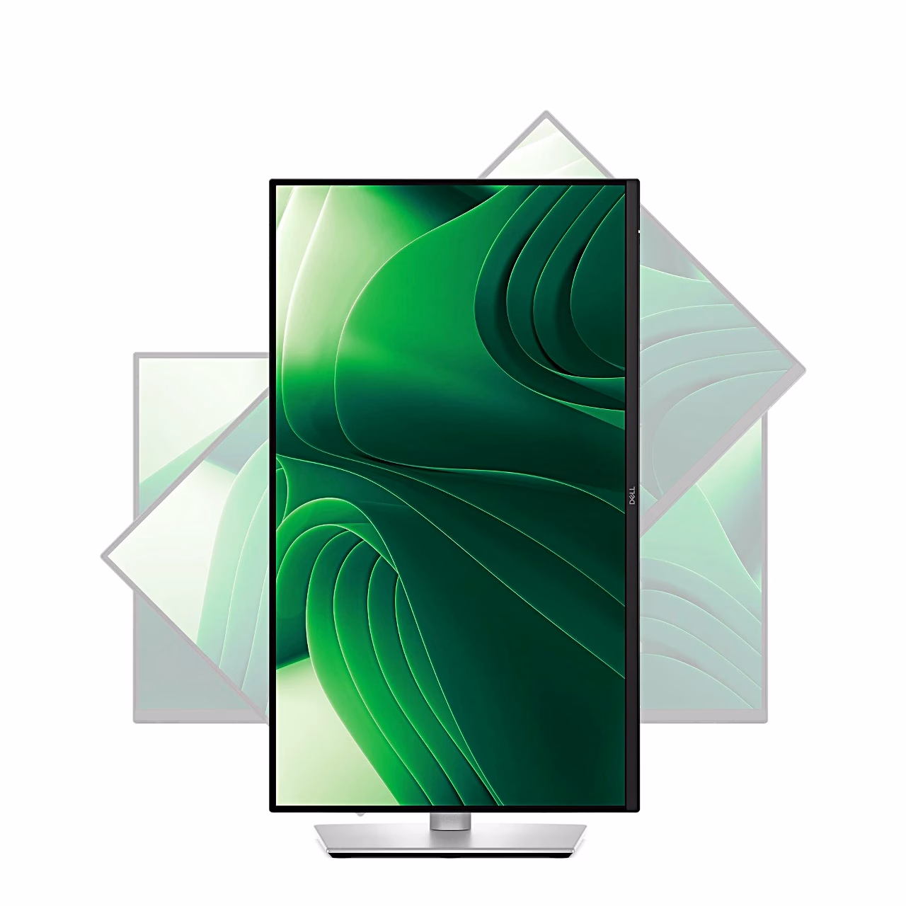 Dell P2425D ekraan püstpaigutuses, taga pööramise vaheasendid