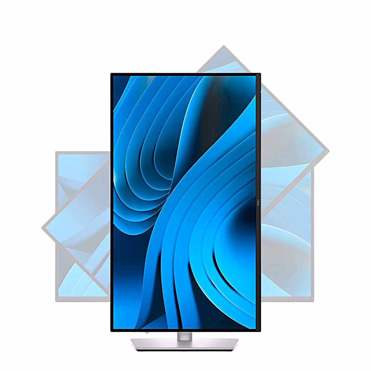 Dell P2725DE monitor püstasendis, pööramise skeem taustal