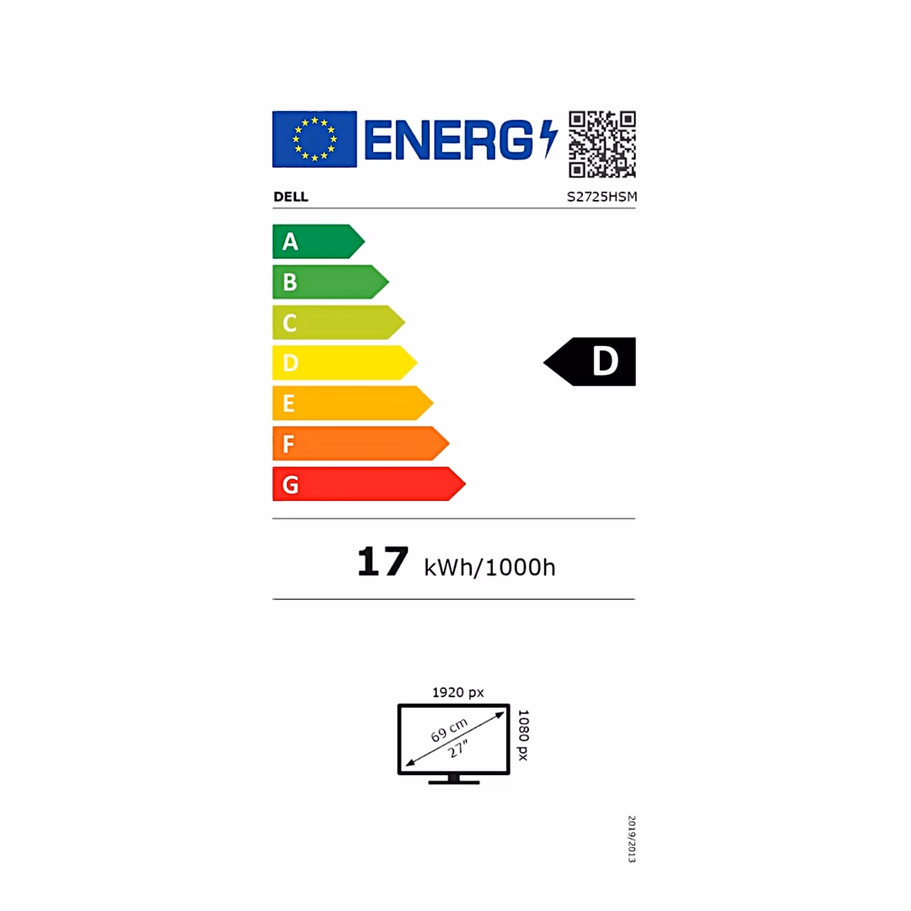 Energiamärgis Dell S2725HSM: energiatõhususe klass D (skaala A–G), 17 kWh/1000 h