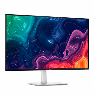 Dell S3225QS arvutimonitor vasakult nurga alt, ekraanil värviline abstraktne muster