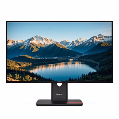Reguleeritava kõrgusega arvutimonitor Lenovo ThinkVision T27Q-40 eestvaates, ekraanil mägijärv