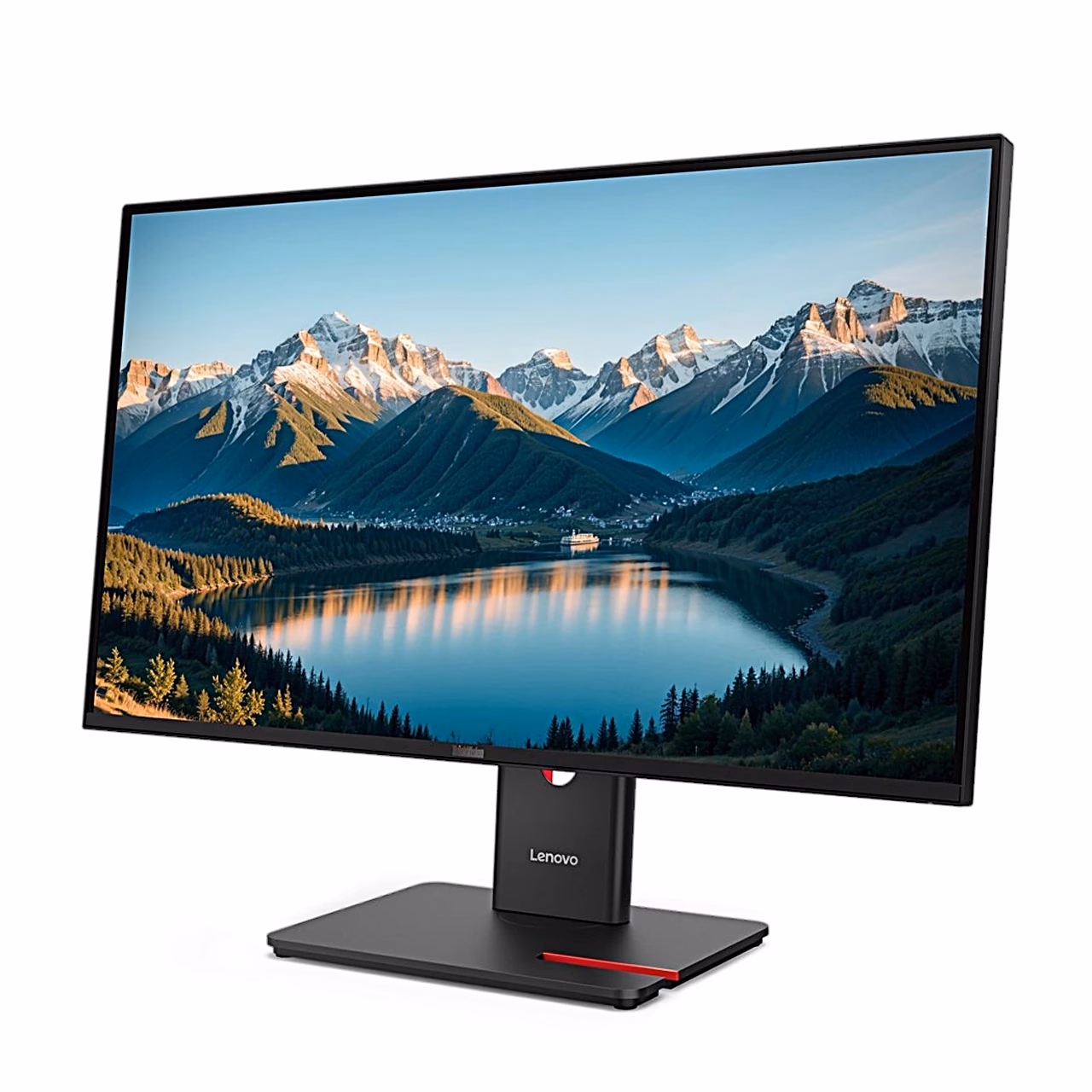 Monitor Lenovo ThinkVision T27Q-40 vasakult eest nurga all, alusel punane triip