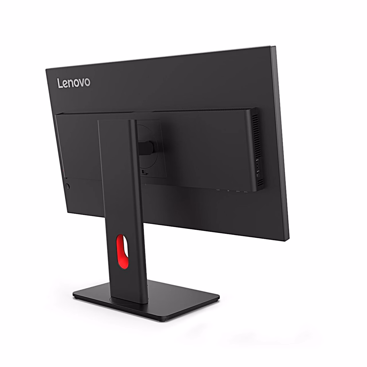 Monitori Lenovo ThinkVision T27Q-40 tagakülg vasakult koos kaabliavaga alusel
